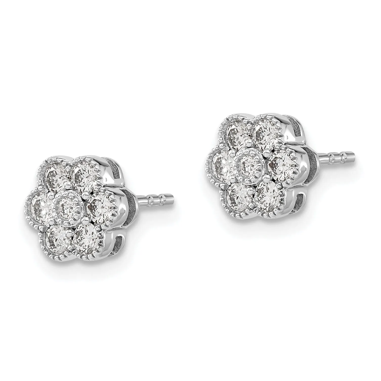 14k White Gold Floral Shape Design Solid Diamond Post Earrings