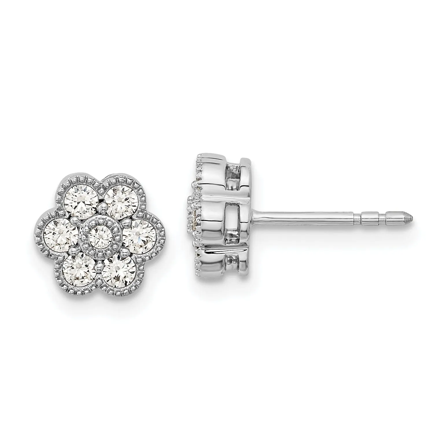 14k White Gold Floral Shape Design Solid Diamond Post Earrings