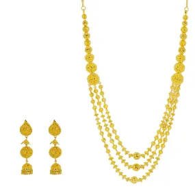 22K Yellow Gold Necklace & Jhumki Drop Earrings Set W/ Gold Balls & Cap Accents