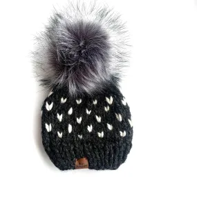 3-6 month Baby Knit Hearts Pom Hat | Charcoal Gray   Off White