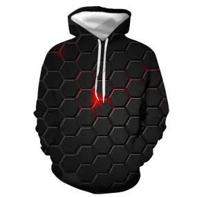 3D Graphic Printed Hoodies Black Hexagon