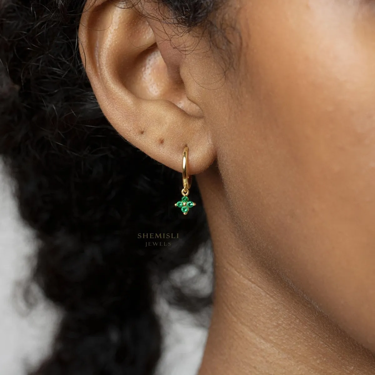 4 leaf Clover CZ Drop Hoop Earrings, Flower Dangle Huggies, Unisex, Gold, Silver SHEMISLI SH100, SH541, SH542, SH543, SH544