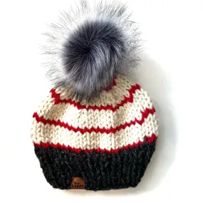 Adult Striped Knit Pom Hat | Charcoal Grey   Red