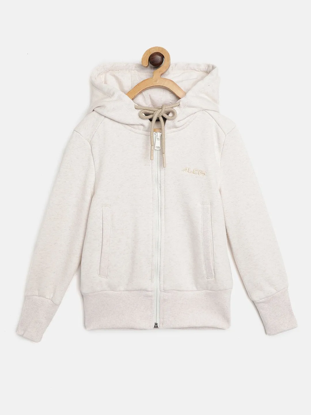 Alcis Girls Off-White Solid Hooded Sweatshirt With Melange effect