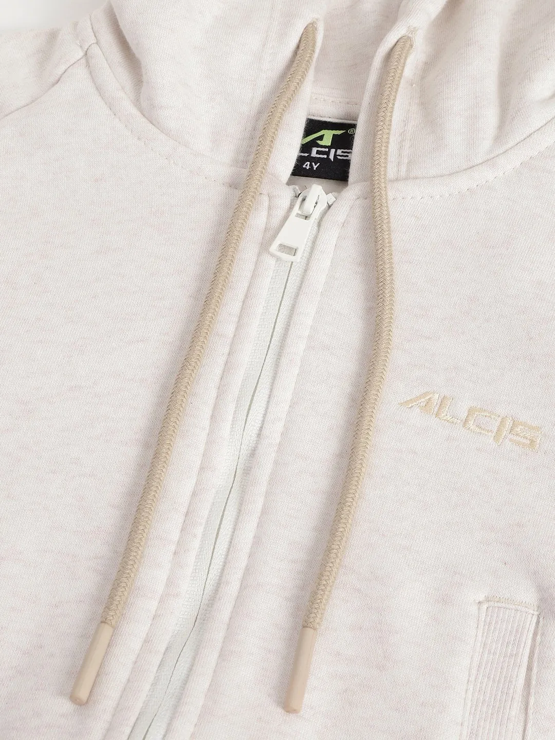 Alcis Girls Off-White Solid Hooded Sweatshirt With Melange effect