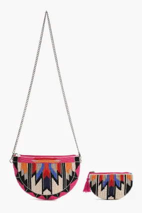 Aztec Embellished Crossbody Pouch with Coin Pouch