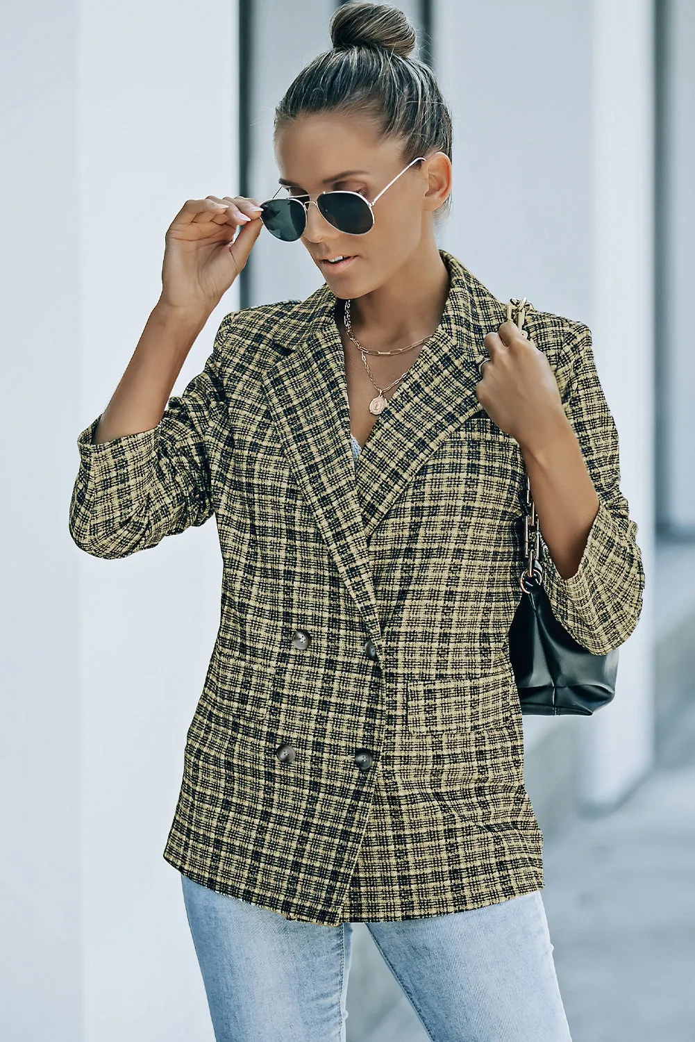 Black Plaid Double Breasted Lapel Collar Blazer