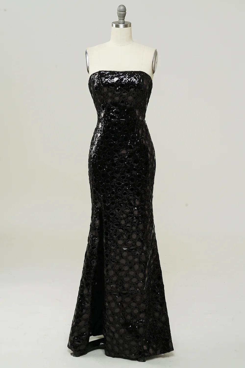 Black Strapless Sequined Mermaid Long Prom Dress with Slit,DP1525