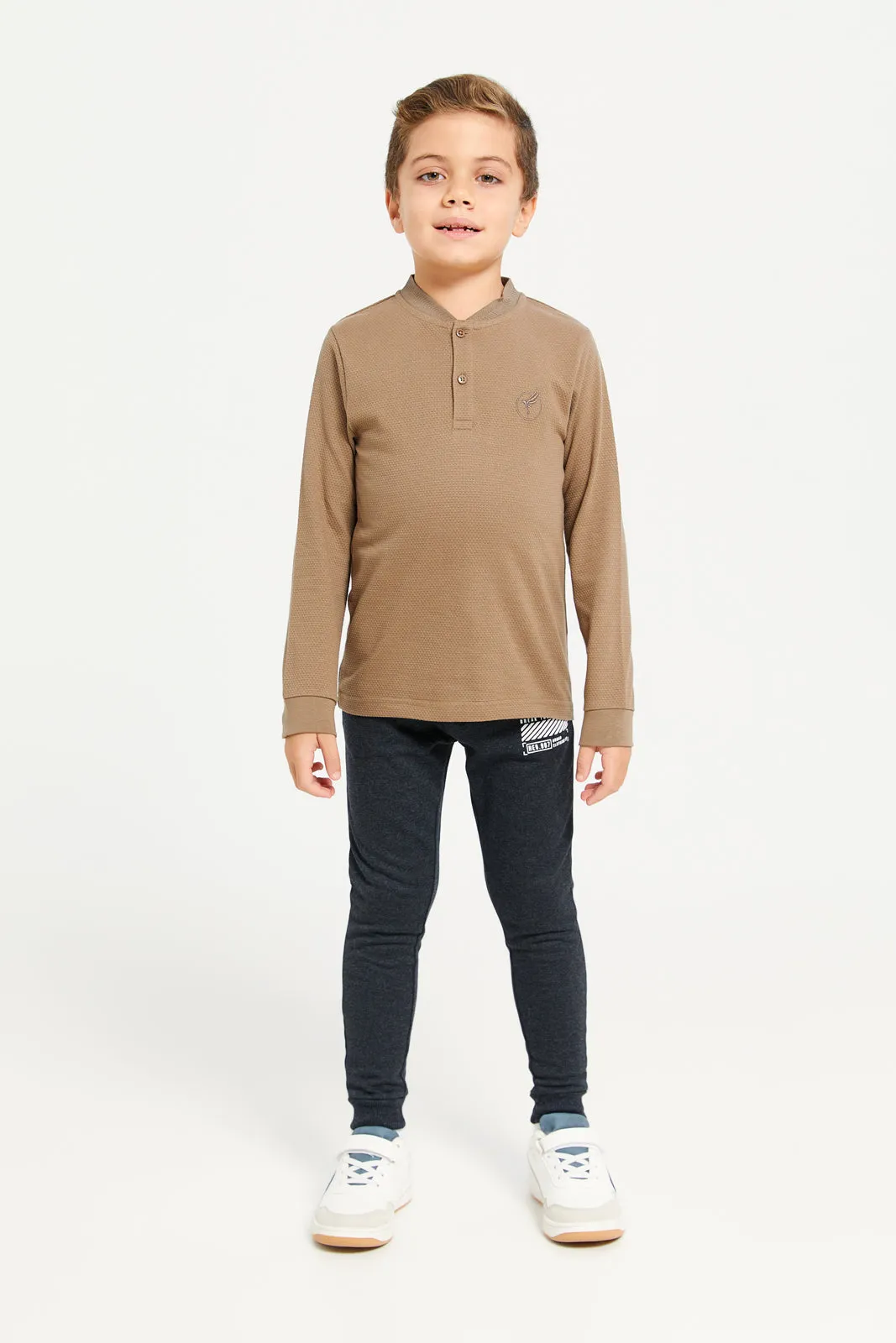 Boys Brown Popcorn Knit Long Sleeve Henley T-Shirt