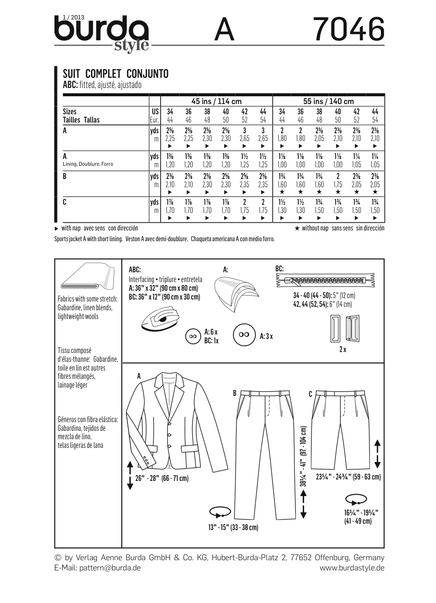 Burda 7046 Mens' Suit Pattern