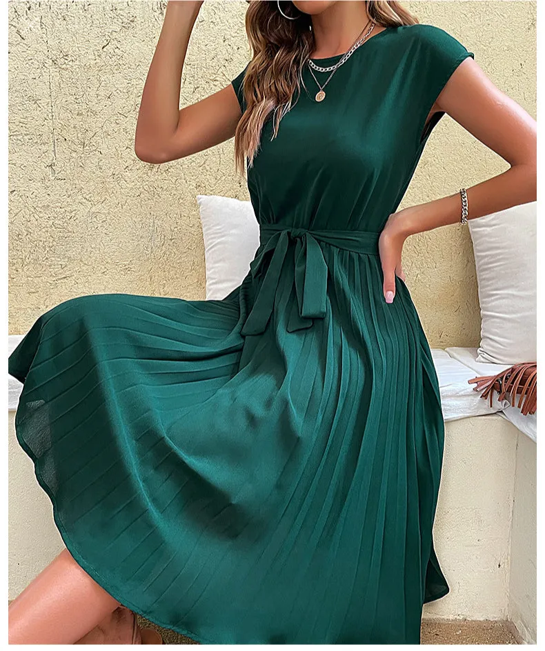 Casual Lace-Up Pleated Dress Solid Color Short Sleeve Wholesale Dresses