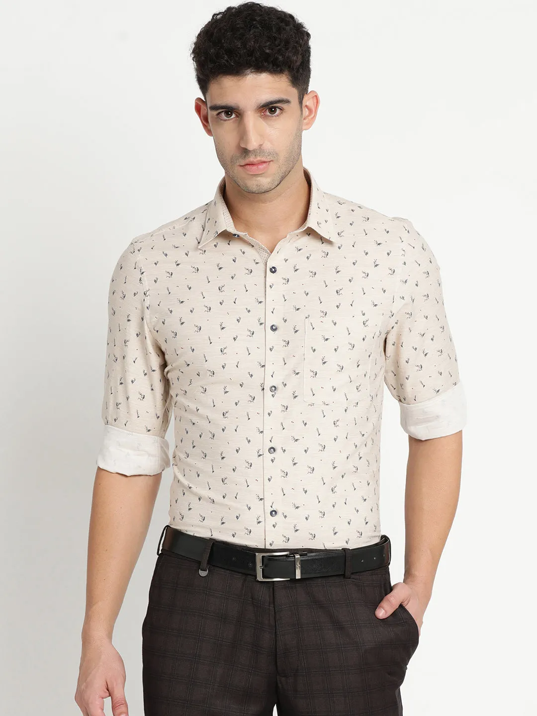 Cotton Beige Printed Slim Fit Shirts