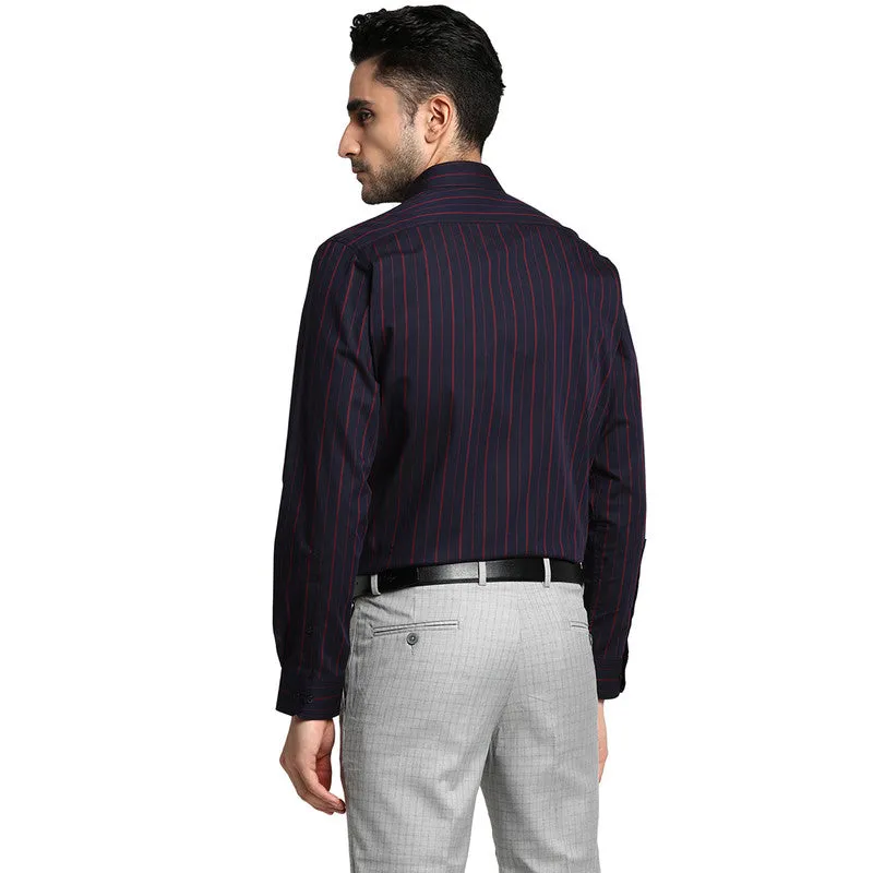 Cotton Blue Slim Fit Striped Formal Shirts