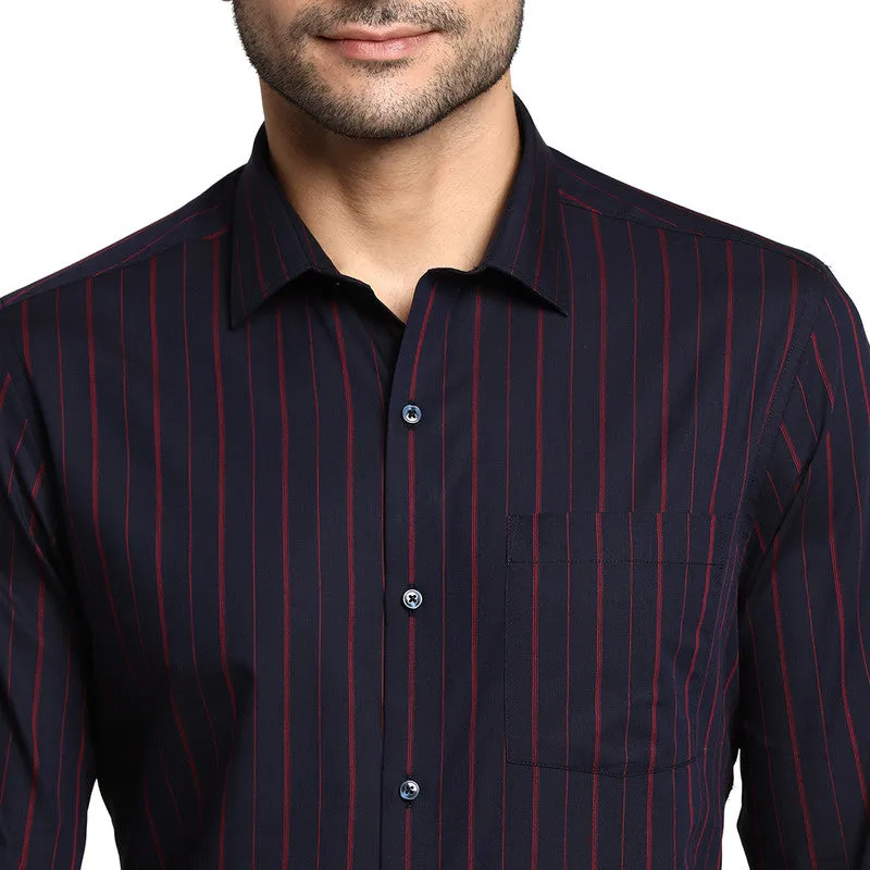 Cotton Blue Slim Fit Striped Formal Shirts