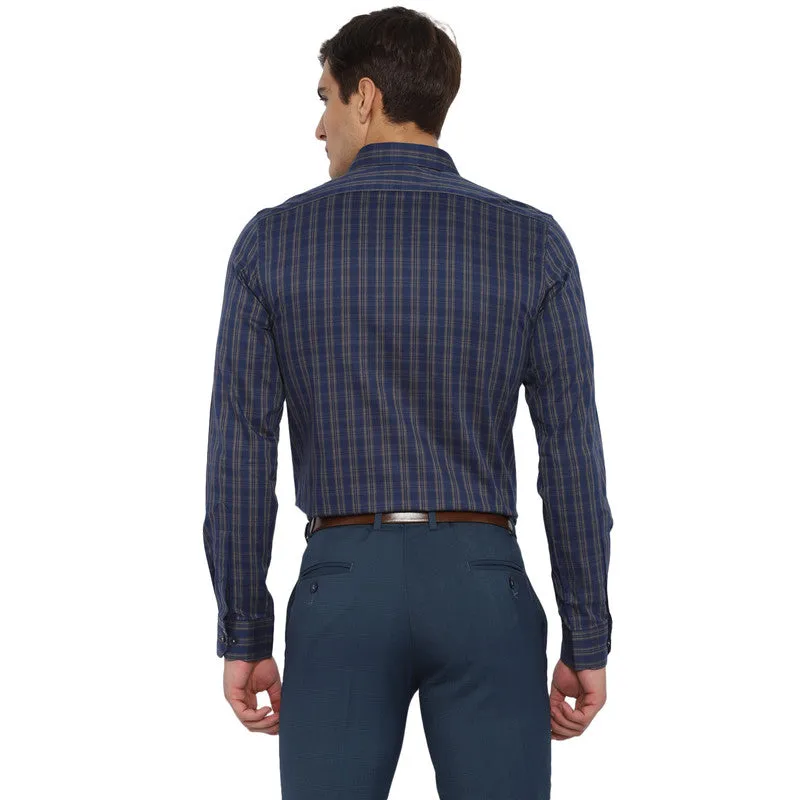 Cotton Dark Blue Checkered Slim Fit Shirts