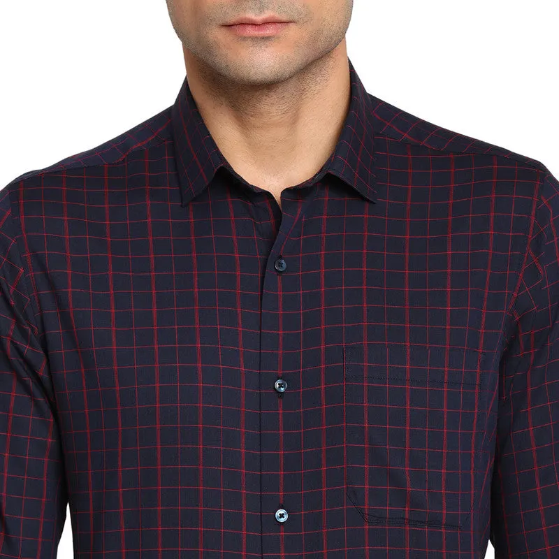 Cotton Navy Blue Slim Fit Checked Formal Shirts