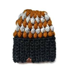 Crochet Puff Stitch Slouch Hat | Charcoal Gray   Gray   Butterscotch