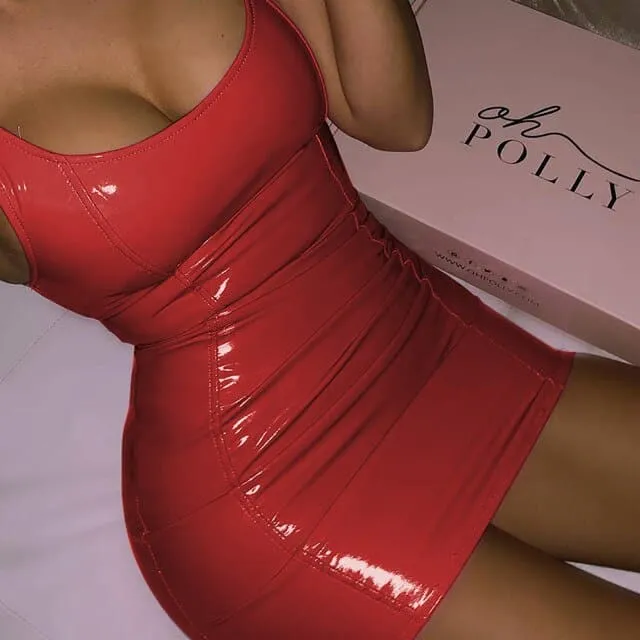 DressBetty - Sexy PU Patent Leather Sheath Tank Dress Women Short Mini Low Cut Slim Latex Nightclub Dresses Bodycon Package Hip Summer