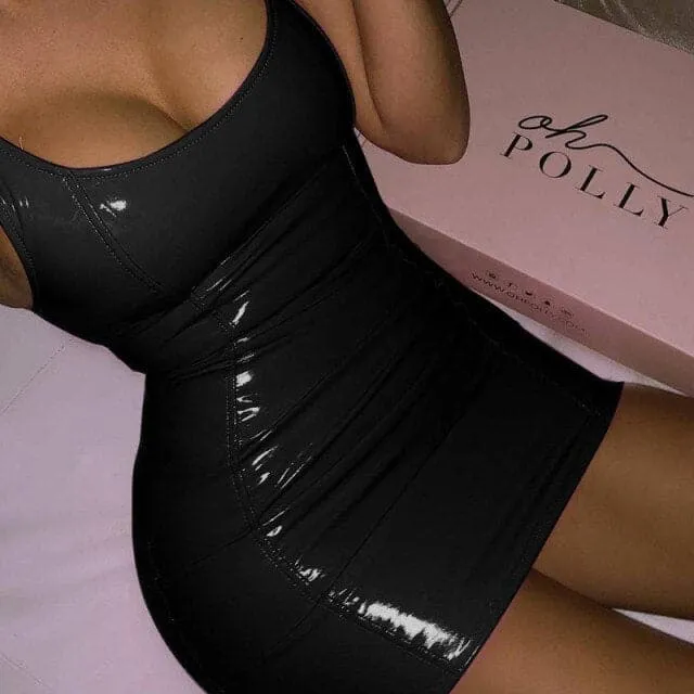 DressBetty - Sexy PU Patent Leather Sheath Tank Dress Women Short Mini Low Cut Slim Latex Nightclub Dresses Bodycon Package Hip Summer