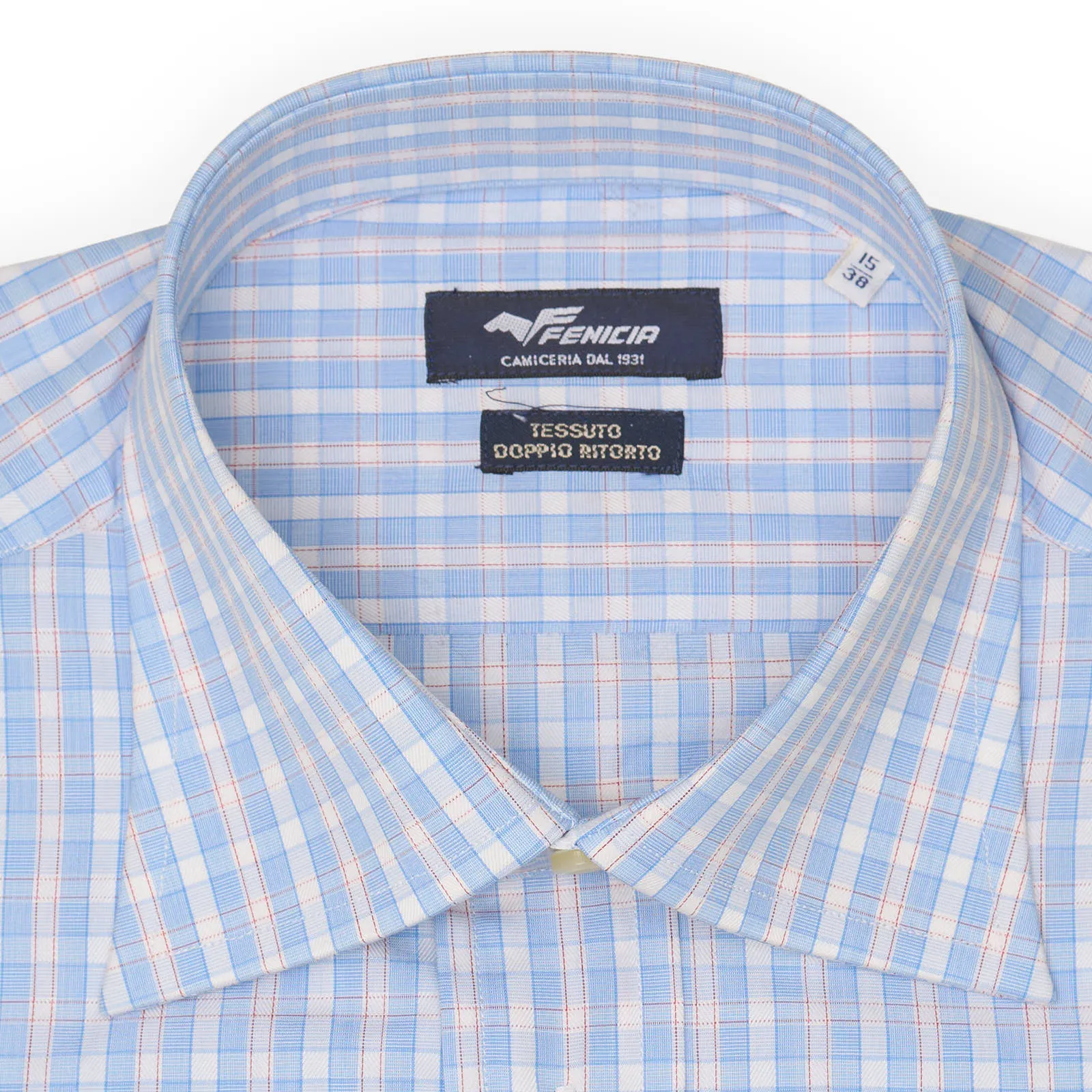 FENICIA Blue Plaid Poplin Cotton Dress Shirt EU 38 NEW US 15