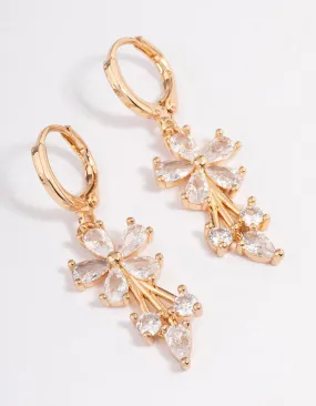 Gold Plated Cubic Zirconia Flower Drop Huggie Earrings