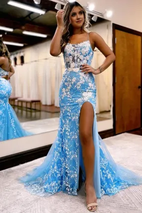 kamahe Blue Open Back Mermaid Lace Prom Dress with Slit Formal Evening Dresses