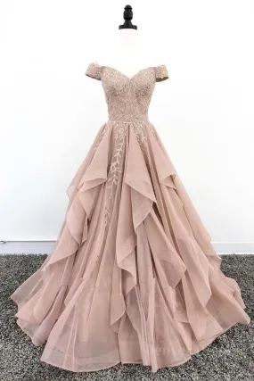 kamahe Off the Shoulder Champagne Lace Prom Dresses, Off Shoulder Champagne Lace Formal Evening Dresses