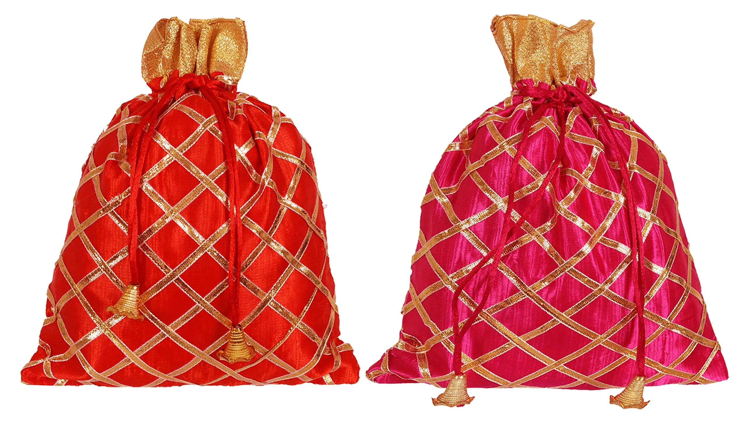 Kuber Industries Potli Bags Handbags for Women Gifting Wristlets for Wedding, Festival, Kitty Subh Shagun-Pack of 2 (Red & Pink)