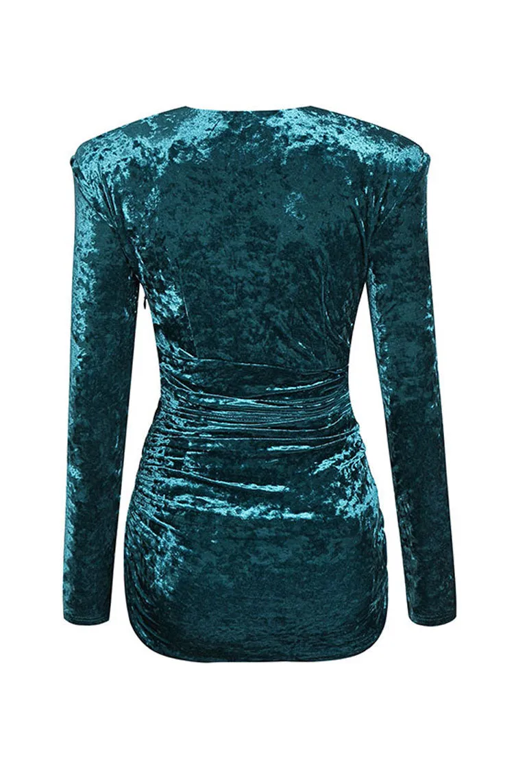 Luxury Velvet Plunge Neck Long Sleeve Ruched Bodycon Party Mini Dress