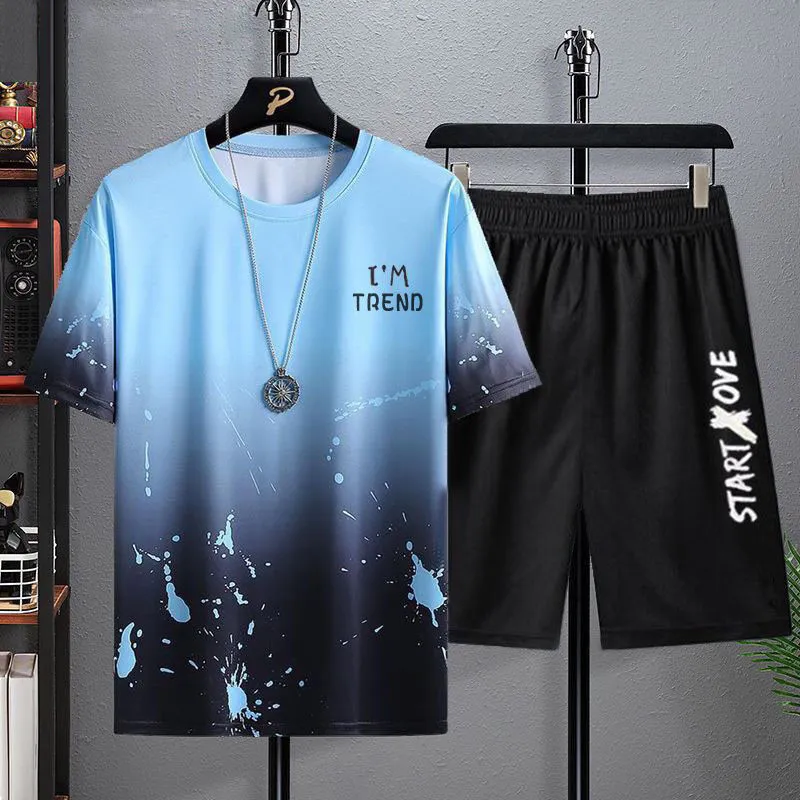 Men's Short-sleeved T-shirt Summer Ice Silk Quick-drying Loose Sports And Leisure Suit Fashion Brand Wear A Entire Outfit