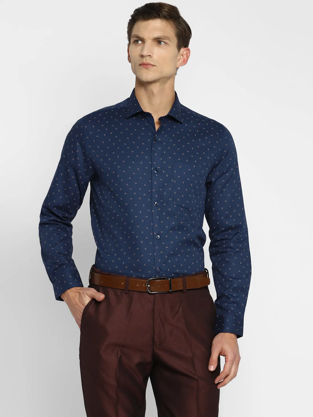 Navy Cotton Printed Slim Fit Shirts