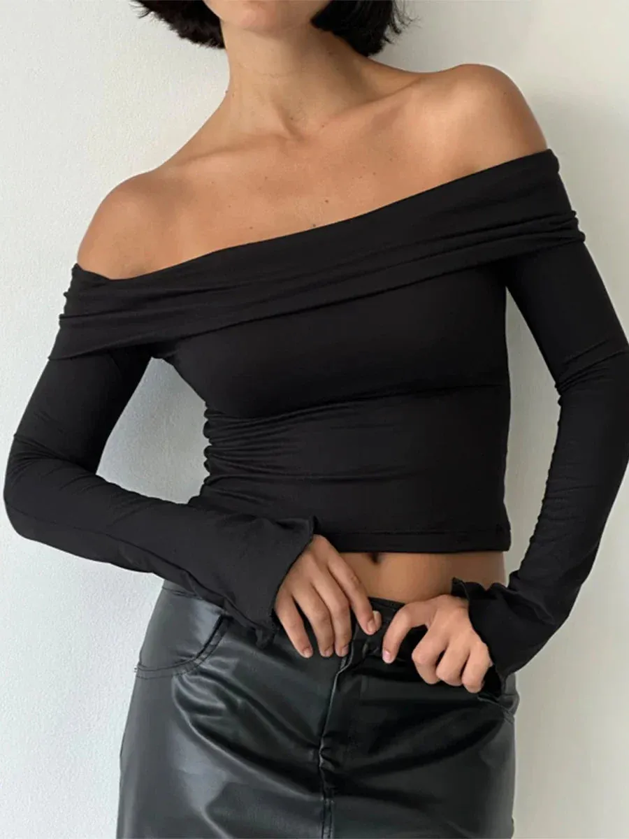 Off Shoulder Crop Solid Color Long Sleeve Slim Spring Fall Casual Aesthetic Streetwear Y2K T-shirt