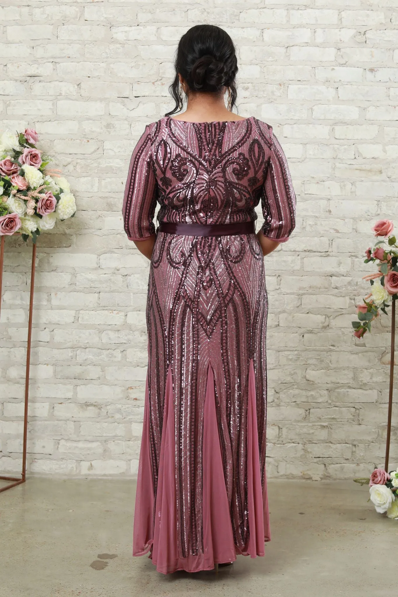 Short Sleeve Sequin Women's Evening Gown Fishtail Skirt