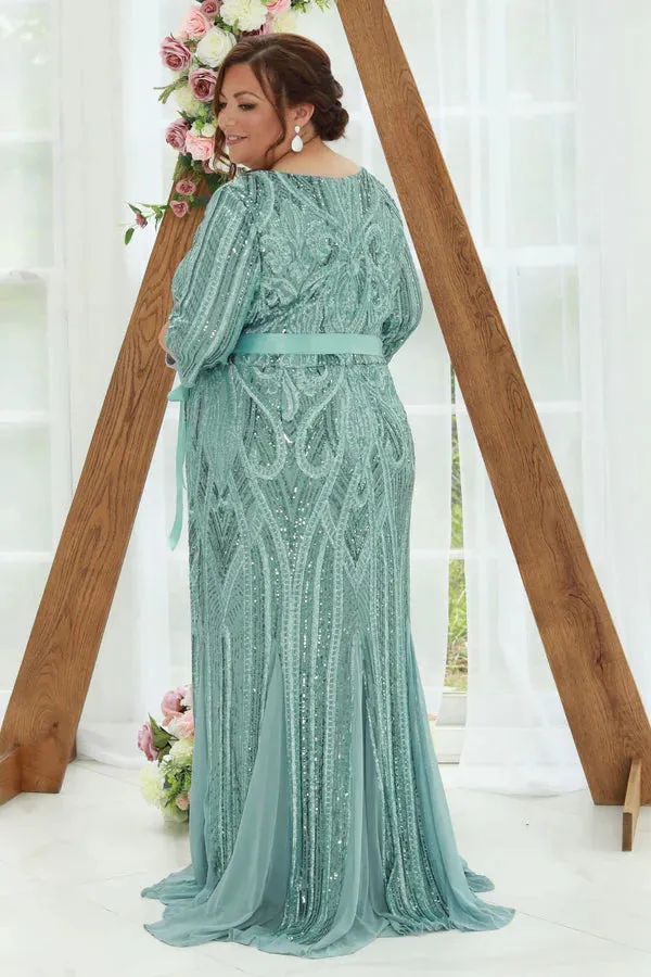 Short Sleeve Sequin Women's Evening Gown Fishtail Skirt