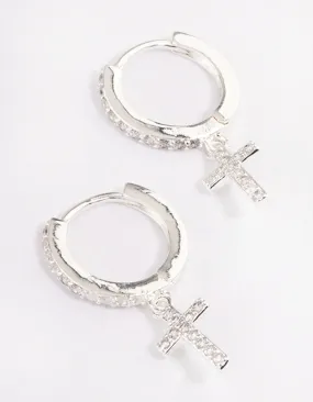 Silver Plated Cubic Zirconia Cross Drop Huggie Earrings