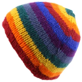 Wool knit beanie hat with fleece lining - Rainbow