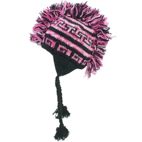 Wool Knit 'Punk' Mohawk Earflap Beanie Hat - Black & Pink SD