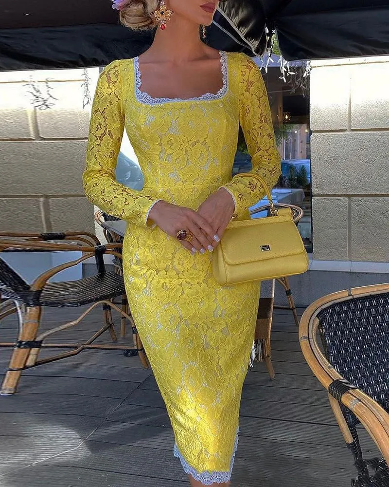 Yellow lace sheath dress